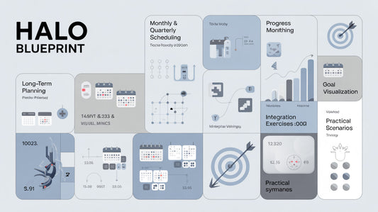 Halo Blueprint graphic with various planning and scheduling elements on a light gray background.