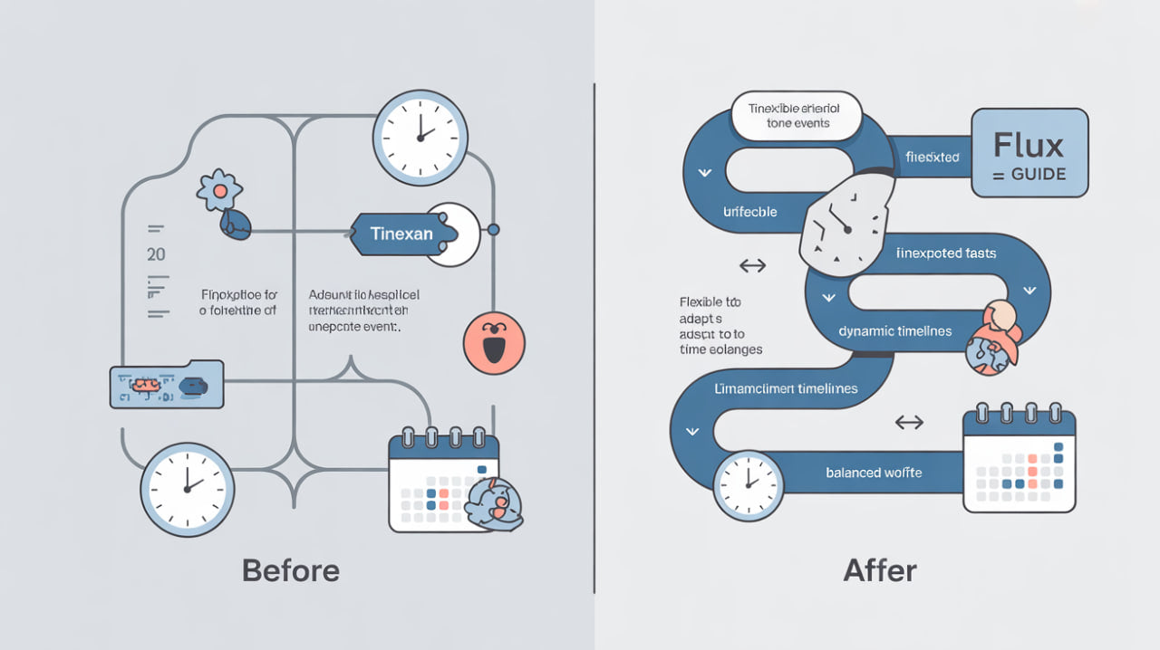 Before and after comparison of a software architecture diagram with 'Flux' branding.