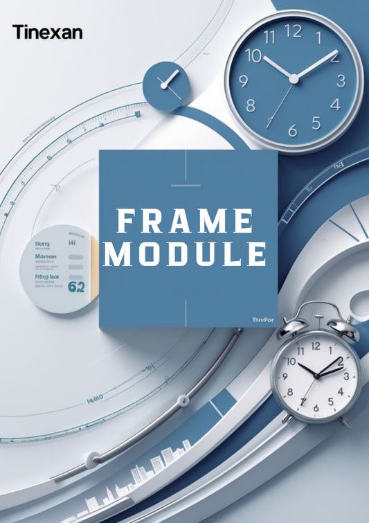 Advertisement for Tinexan Frame Module with clocks and blue square in the center.