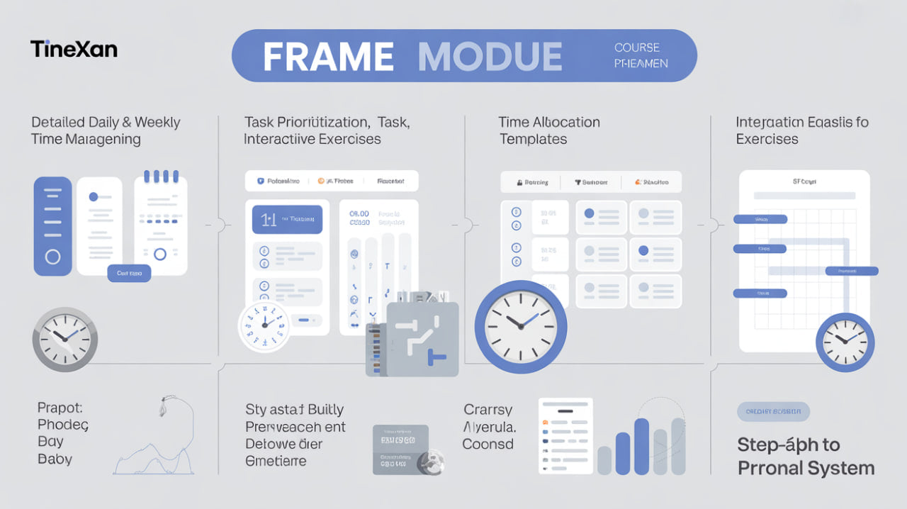 TineXan Frame Module course features with various time management tools and interfaces.