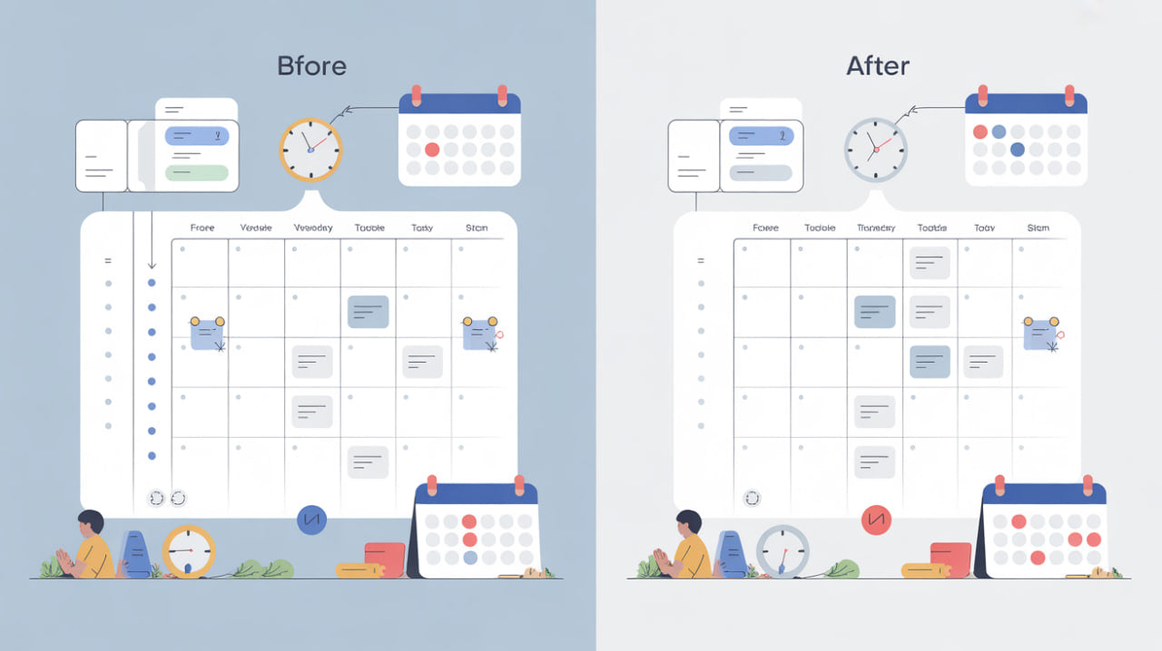 Before and after comparison of a calendar layout with additional elements on a blue background.