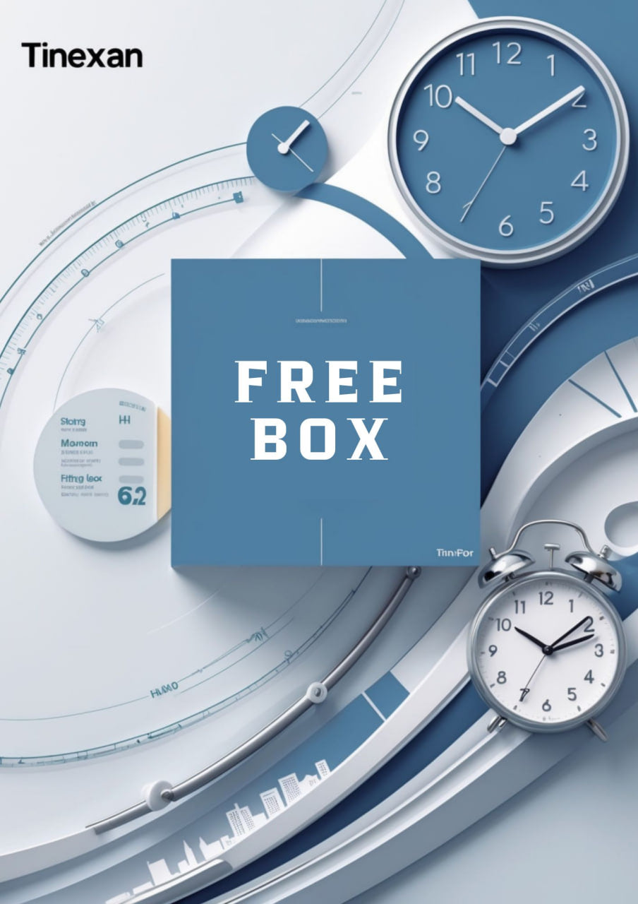 Promotional graphic with clocks and a 'Free Box' offer from Tinexan on a blue and gray background.