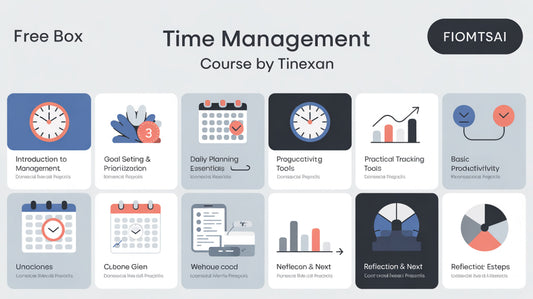 Time management course by Tinexan with various modules displayed on a grid.
