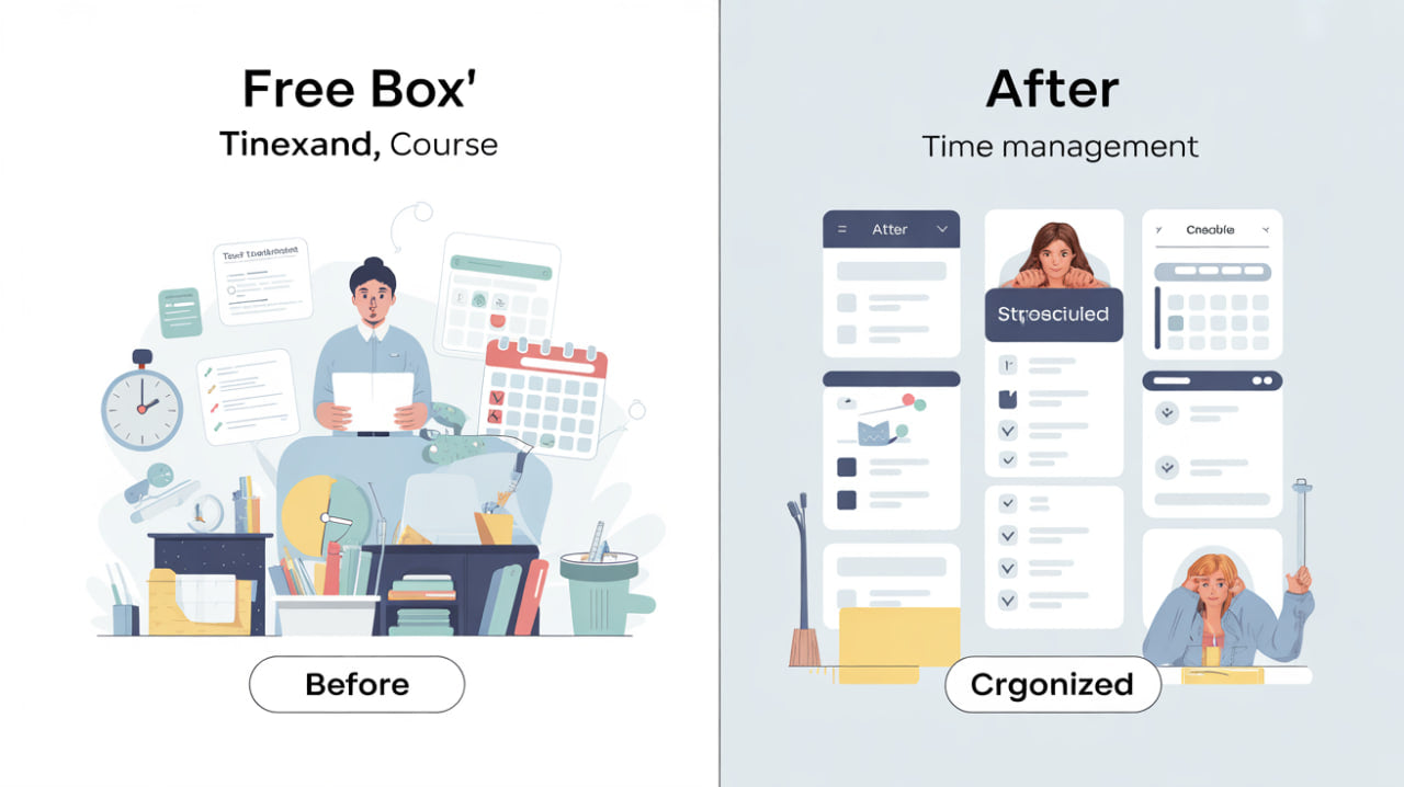 Before and after comparison of time management tools with a person using a computer and a digital interface.