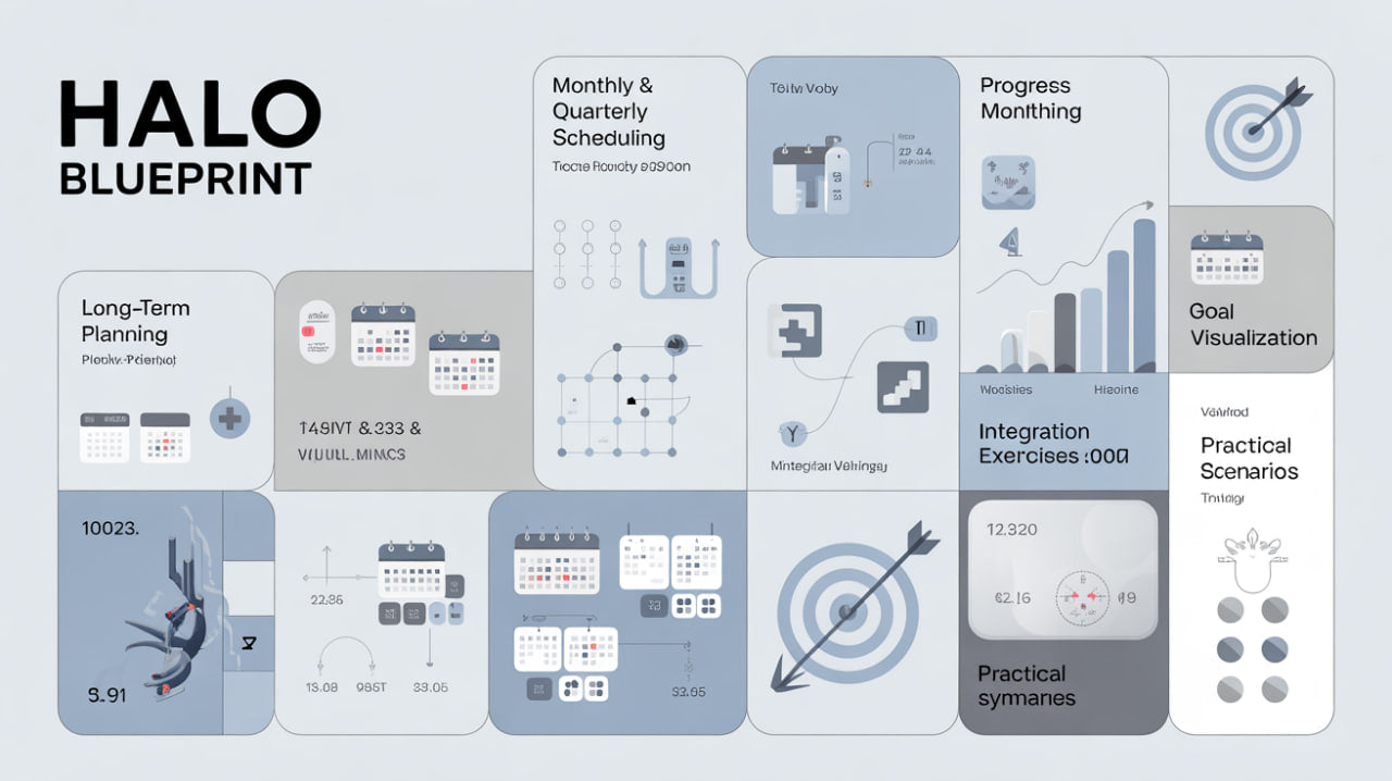 Halo Blueprint graphic with various planning and scheduling elements on a light gray background.