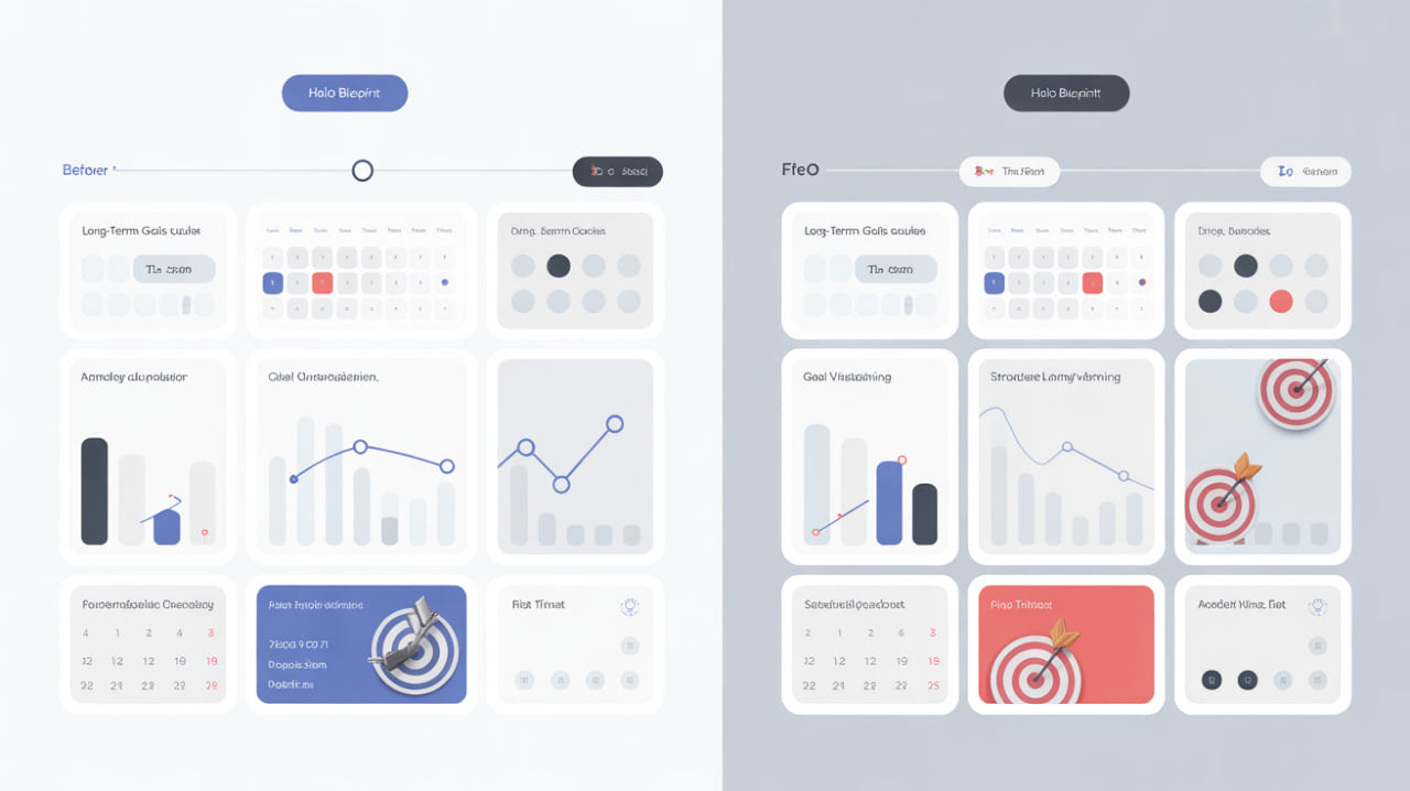 User interface design with various elements and charts on a light gray background