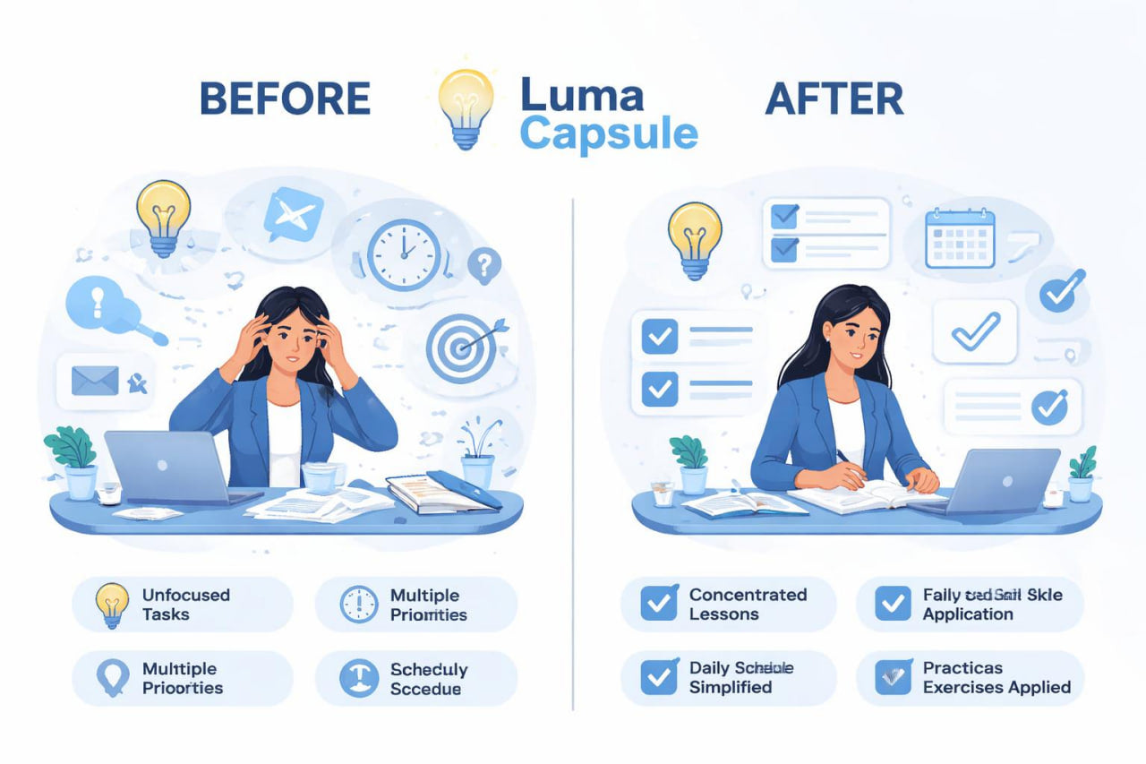 Comparison of a person's productivity before and after using Luma Capsule, with icons and text labels.