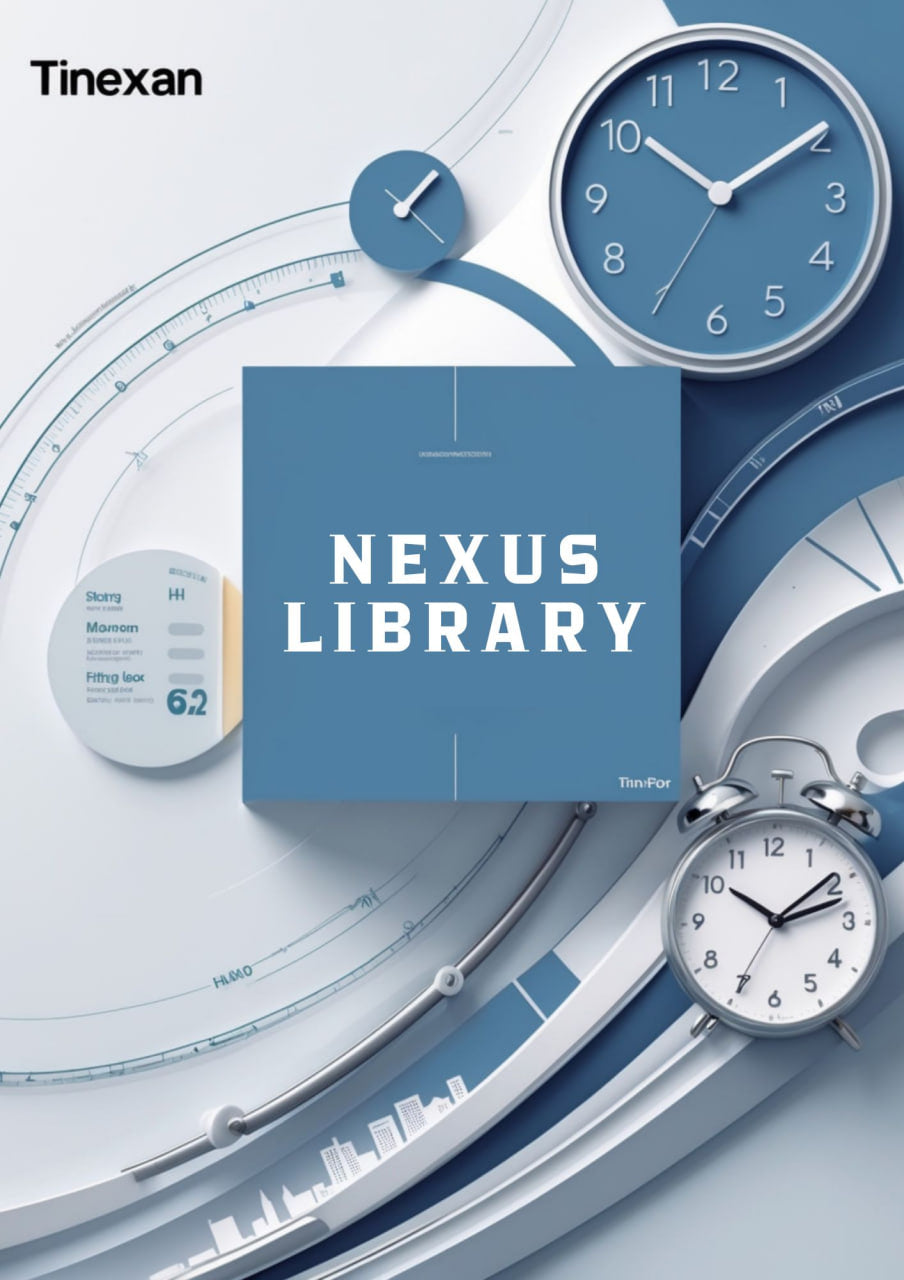 Tinexan Nexus Library cover with clocks and graphs on a blue background