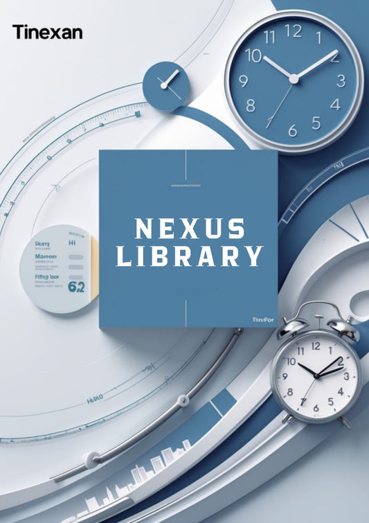 Tinexan Nexus Library cover with clocks and graphs on a blue background