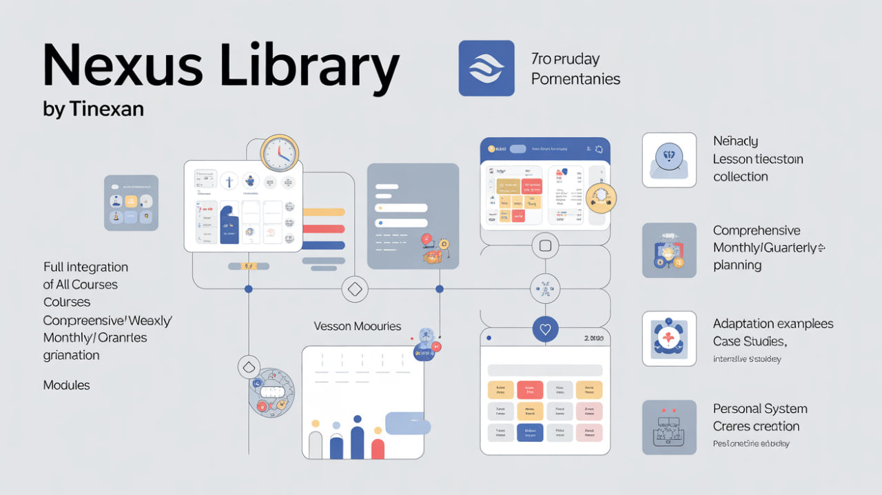 Nexus Library by Tinexan with various icons and text on a light gray background