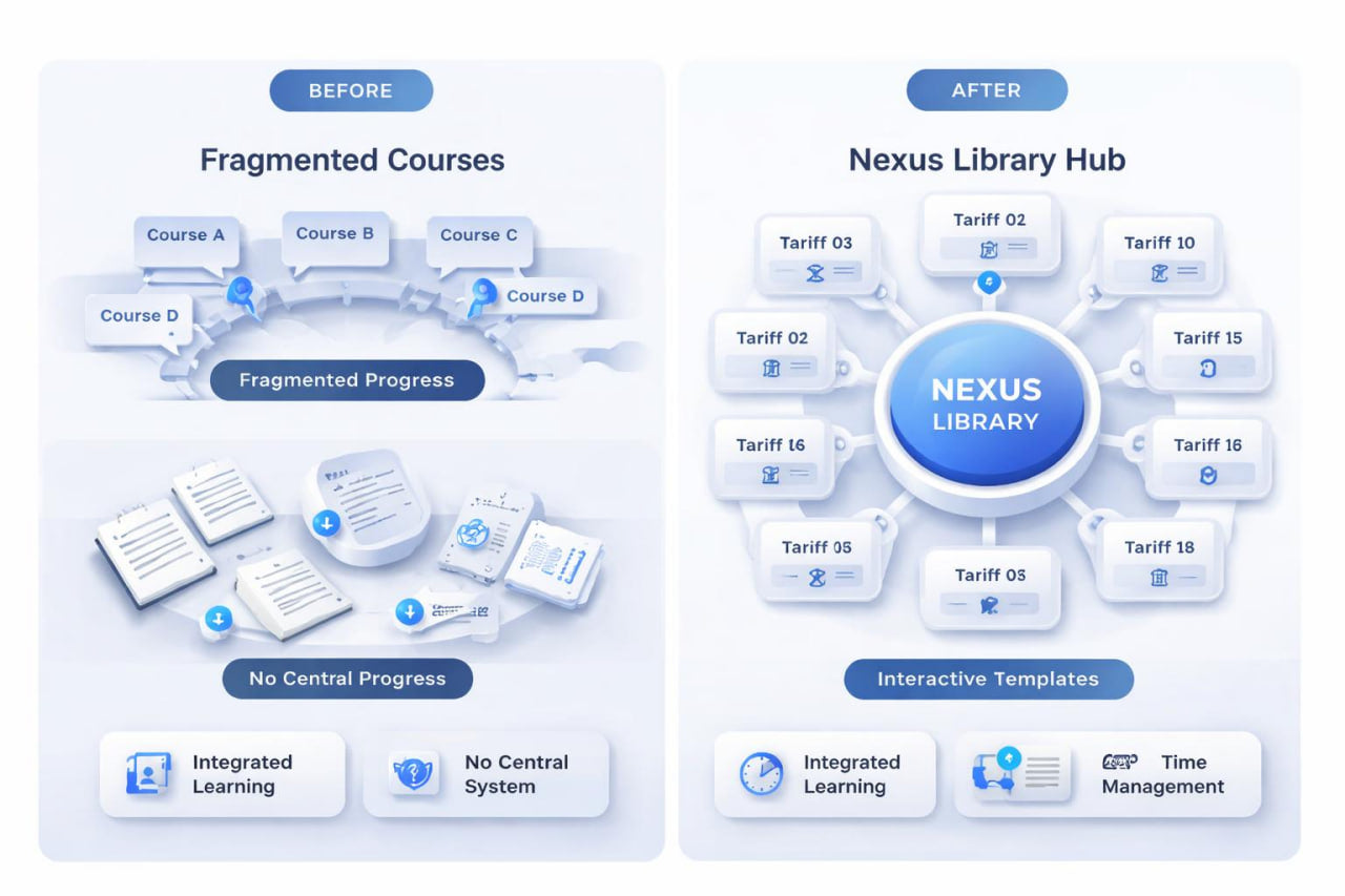Comparison of fragmented courses to Nexus Library Hub with features like Tariffs, Interactive Templates, and Integrated Learning.