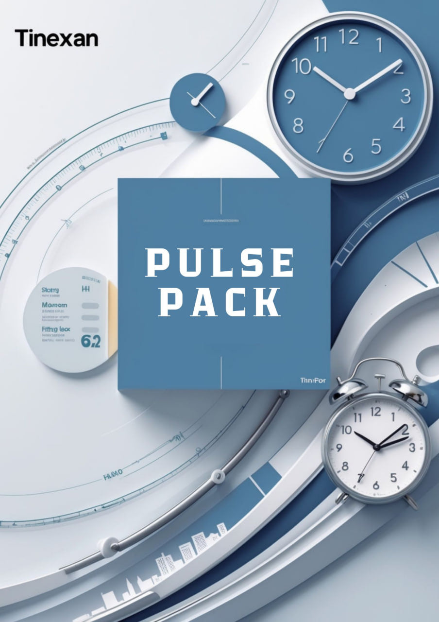 Tinexan Pulse Pack with clocks and measurement tools on a blue background