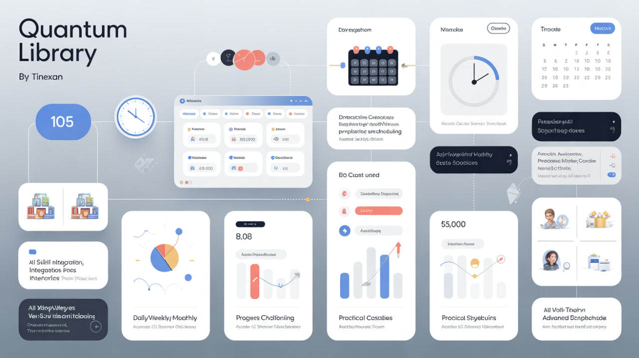 Quantum Library by Tinexan with various software interface elements on a light gray background