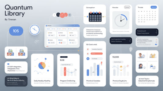 Quantum Library by Tinexan with various software interface elements on a light gray background