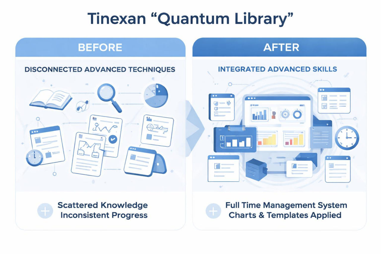 Comparison of 'Before' and 'After' with Tinexan Quantum Library, showing advancements in knowledge management.