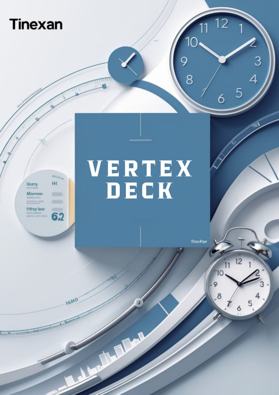 Tinexan Vertex Deck with clocks and measurement tools on a blue background