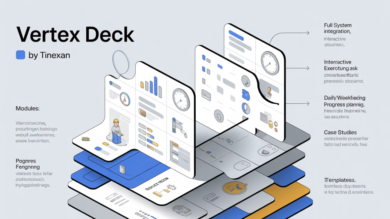 Vertex Deck by Tinexan with isometric design of software interfaces on a light gray background