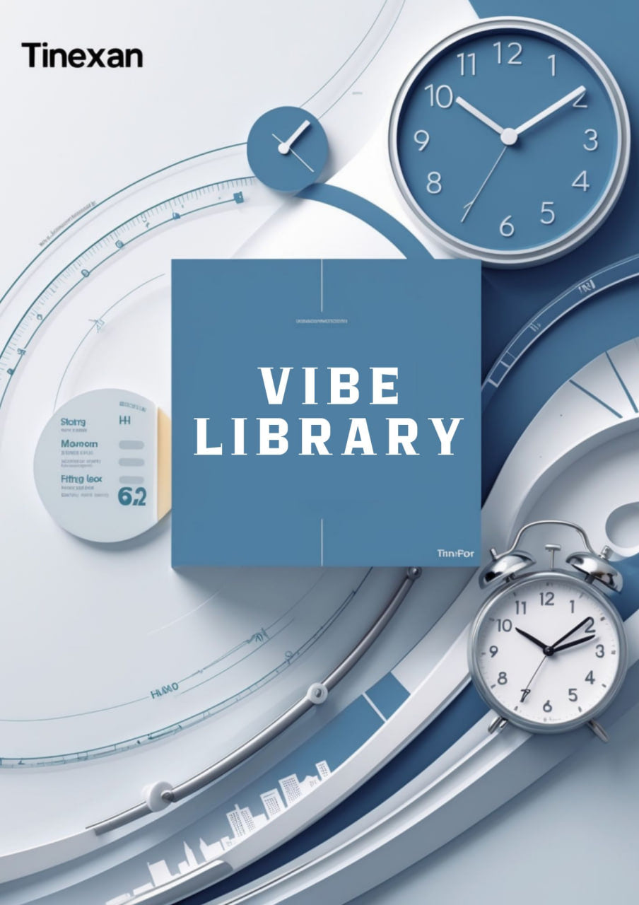 Tinexan Vibe Library cover with clocks and measurement tools on a blue background
