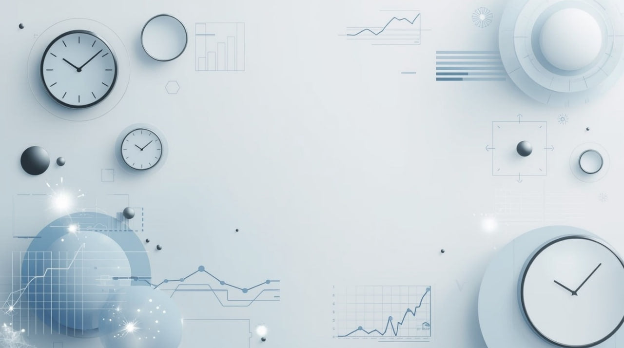 Abstract design with clocks, graphs, and geometric shapes on a light blue background