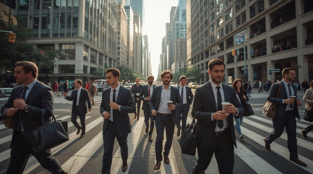 Businessmen crossing a city street with tall buildings in the background