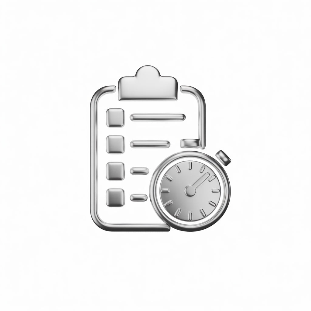 Icon of a clipboard with a list and a stopwatch on a white background