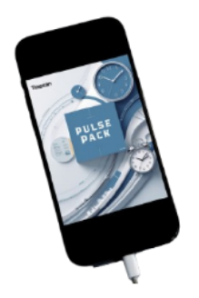 Phone with a 'Pulse Pack' app displayed on the screen, connected to a cable.